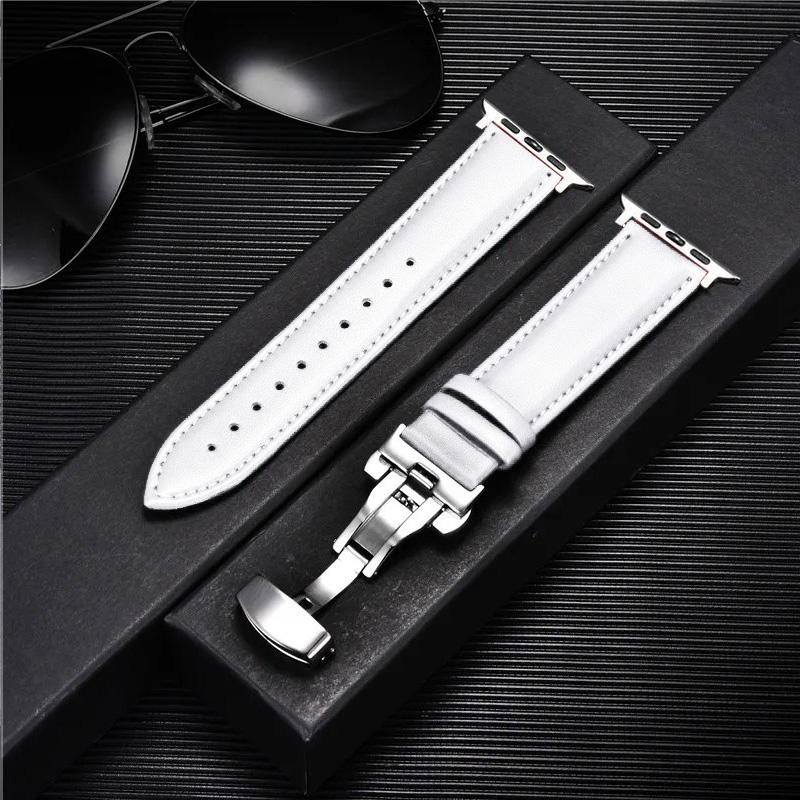 Leather Watchbands for Apple Watch 10 9 8 7 6 5 4 3 SE Ultra Butterfly Clasp Replace Wrist Strap 46mm 41mm 42mm 44mm 45mm Band for Iwatch