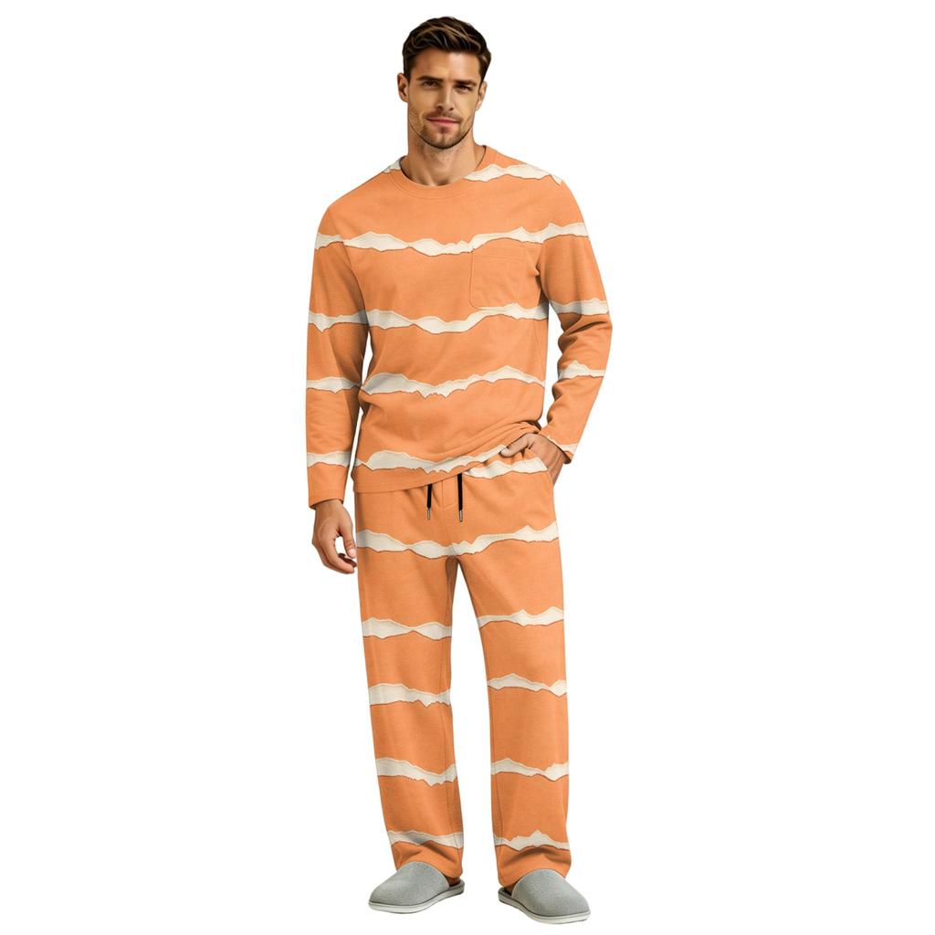 Men's Pajama Set Long Sleeve Top and Long Pants with Button Crotch and Elastic Drawstring Waist for Home Loungewear