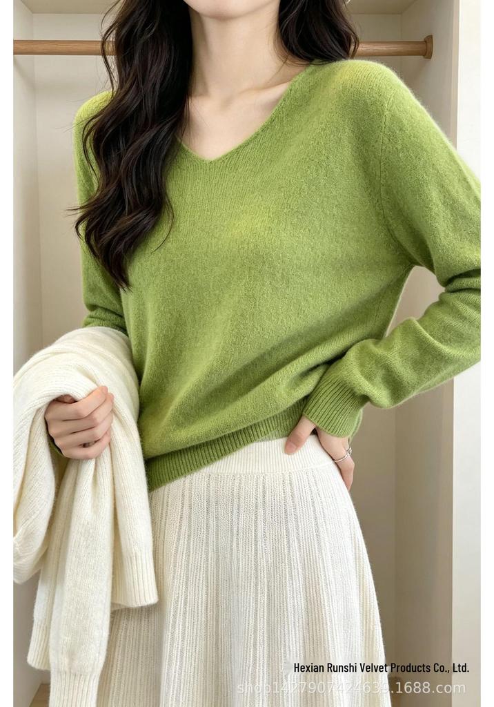 2026 Autumn/Winter 100% Wool Women's V-Neck Knit Sweater, Multi-Color Basic Top