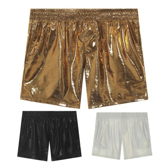 Men Shorts Glossy Faux Leather Elastic Mid Waist Soft Breathable Pockets Stretchy Stage Show Performances Sports Summer Shorts