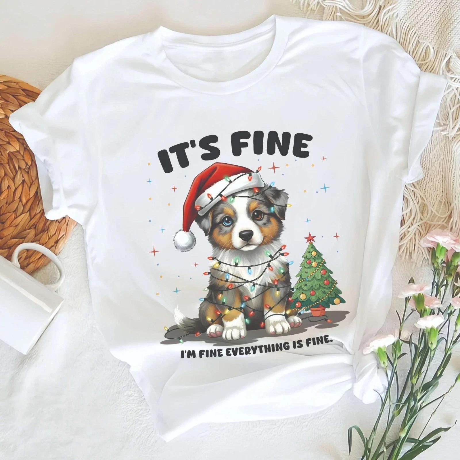 Australian Shepherd Santa Hat Christmas Light It s Fine I m Fine Xmas Shirt M