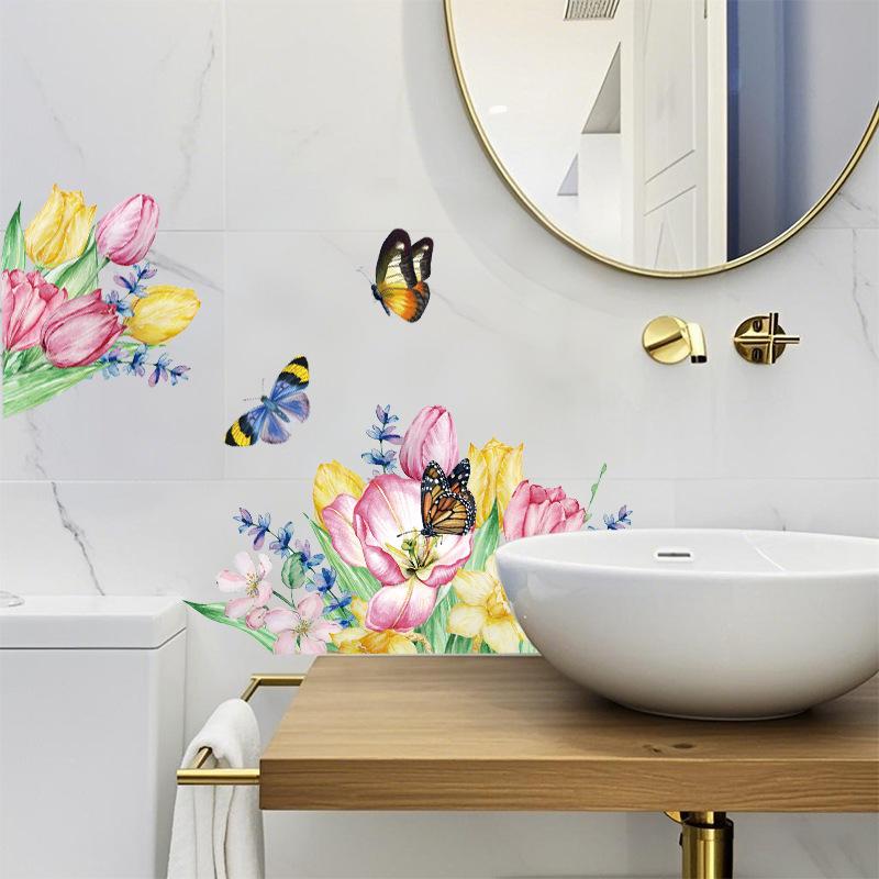Butterfly Tulip Wall Sticker Waterproof Removable Bathroom Mirror Frame Floral Decor