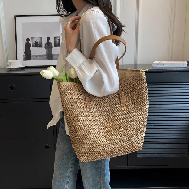 Womens Fashion Handmade Woven Straw Handbag Summer Holiday Beach Zipper Tote Top-Handle Bags Large Capacity Bucket Shoulder Bags