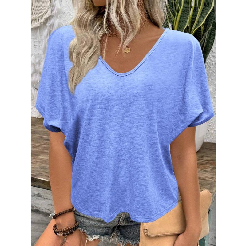 

Женская однотонная футболка с v-образным вырезом, повседневная свободная футболка размера плюс с коротким рукавом 5XL синий