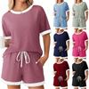 Women Ribbed Knit Two Piece Set Contrast Color Short Sleeve Top And Shorts Casual Summer Loungewear