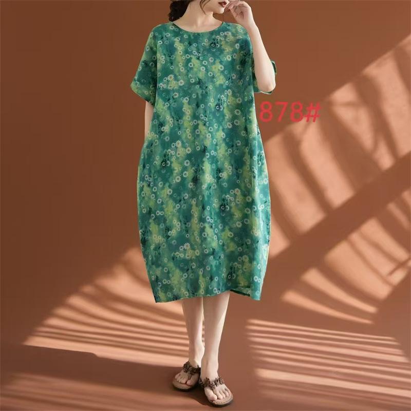 Real Shot 2026 Summer New Large Size Women's Clothing Fat MM Linen Cotton Linen Retro Literary Ethnic Style Casual Dress