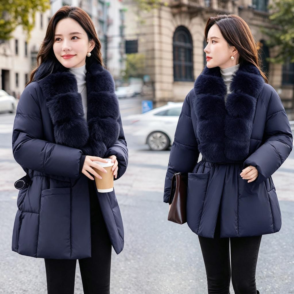 Autumn and winter new European products waist thin big fur collar cotton clothes women's medium and long styles with belts women's display cotton clo
