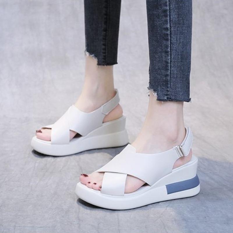 Women Soft Leather Peep Toe Thick Sole Muffin Wedge Sandals