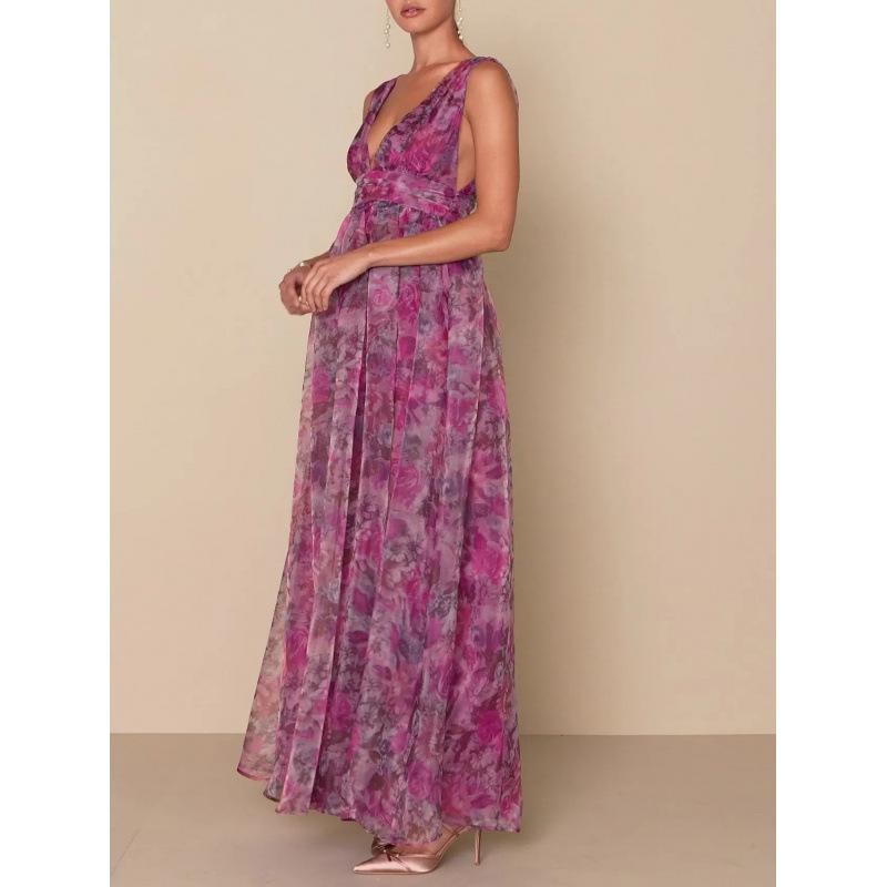Purple pink smudged floral deep, sleeveless split yarn dress wedding vacation atmosphere dress dress