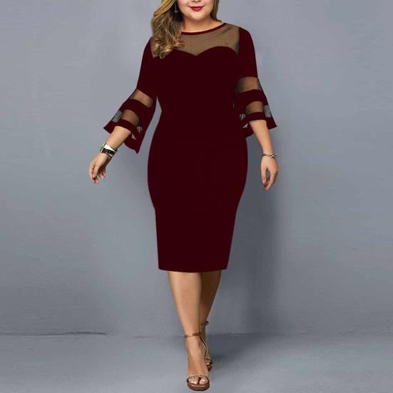 Women Dress Flare Sleeve Plus Size Autumn Winter Pure Color Slim Midi Dress for Wedding