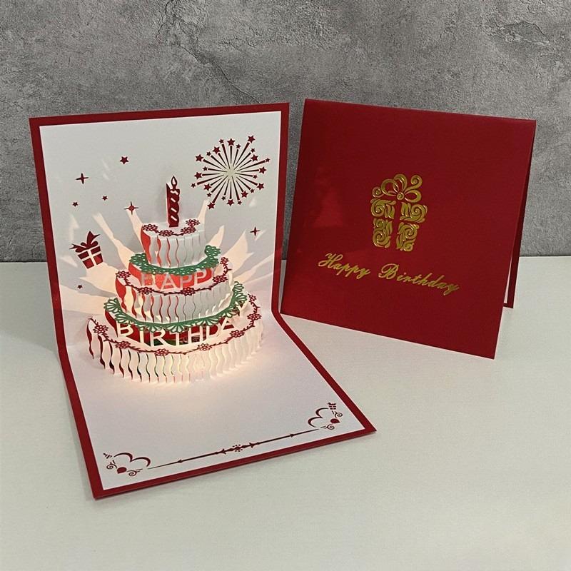 3D Musical Birthday Cake Card Pop Up Colourful Light with Envelope for Kids Baby Shower Wife Birthday Party Greet Cards DropShip