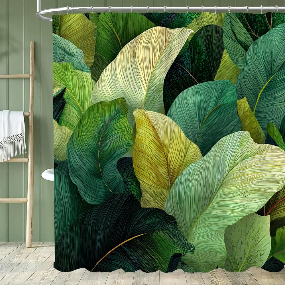 Emerald Green Leaf Shower Curtain,Modern Abstract Palm Leaves Tropical Monstera Bathroom Curtain Home Decoration With Hooks 90x180cm-35x70in