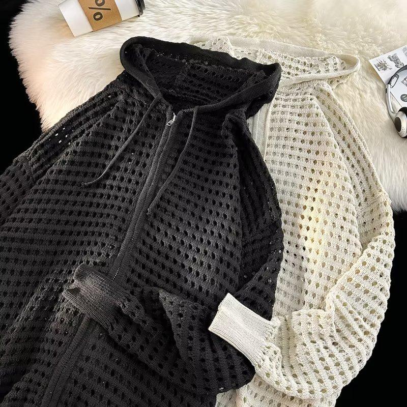 Hollow knitted sweater design sense hooded loose outer with thin jacket Korean version spring and summer zipper cardigan top men
