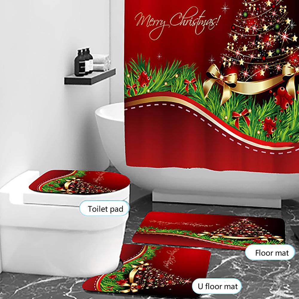 3X Christmas Bathroom Rug Set Non-Slip Bath Mat Toilet Lid Cover Christmas Decor
