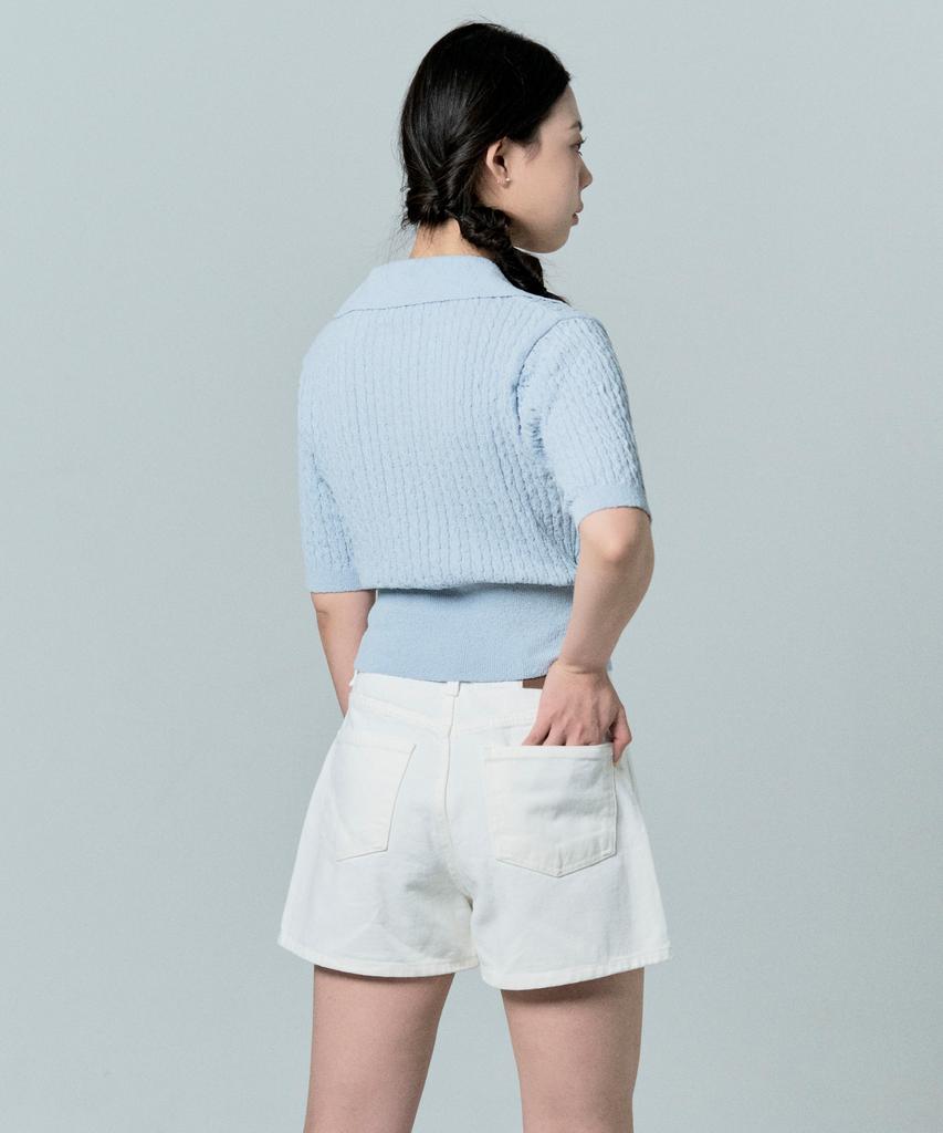 Tobaseu Boucle Cotton Cable Collar Short Sleeve Knit (Sky Blue)