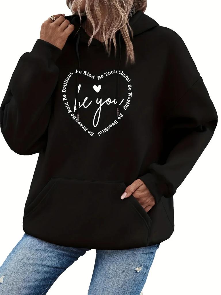 Women's Autumn Winter Loose Casual Letter Heart-shaped Printed Hoodie with Pocket Long Sleeve Women Graphic Aesthetic Sweatshirt