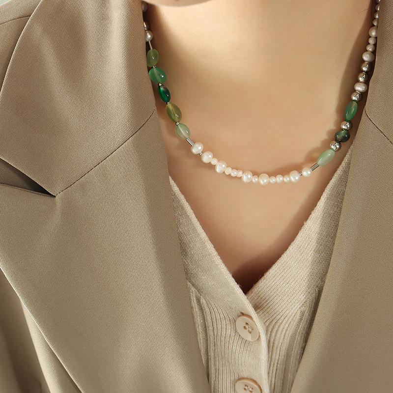 Creative Retro Freshwater Pearl & Natural Stone Titanium Steel Necklace