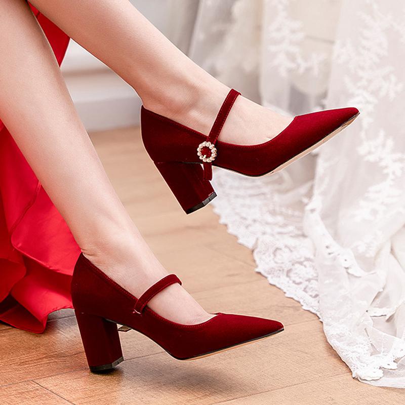 Fashion Custom Brides Wedding Shoes Couples Gift Red Burgundy High Heels Ladies Med-Thick Heeled Mary Jeans Flock Belt Strap Pumps Femme
