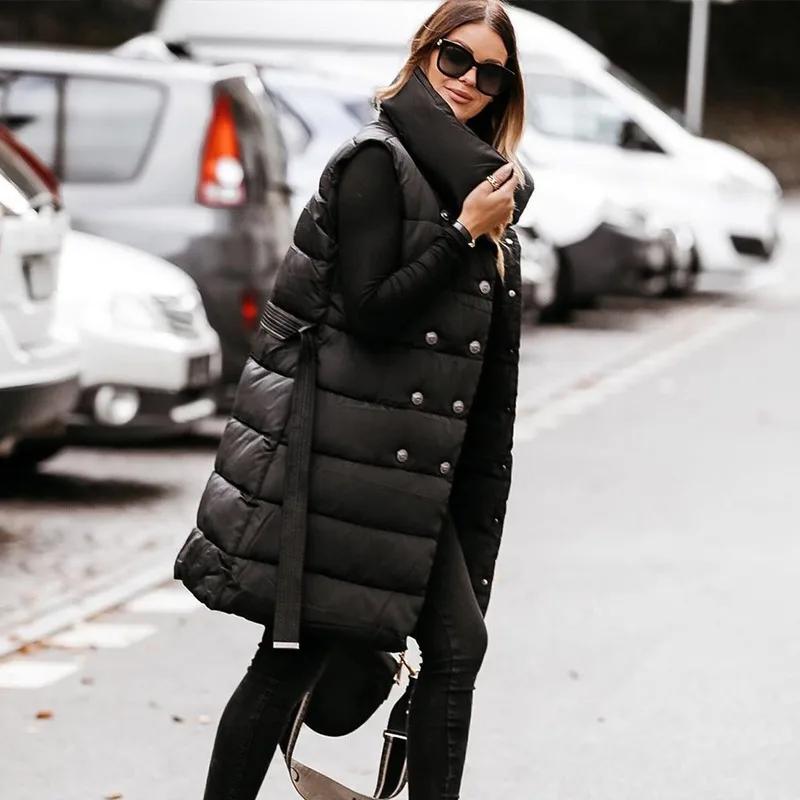 Winter Warme Daunen Baumwolle Gefütterte Jacke Schwarz Mäntel 2023 Frauen Weste Weibliche Ärmellose Jacken mit Knopf und Gürtel Outwear Mantel