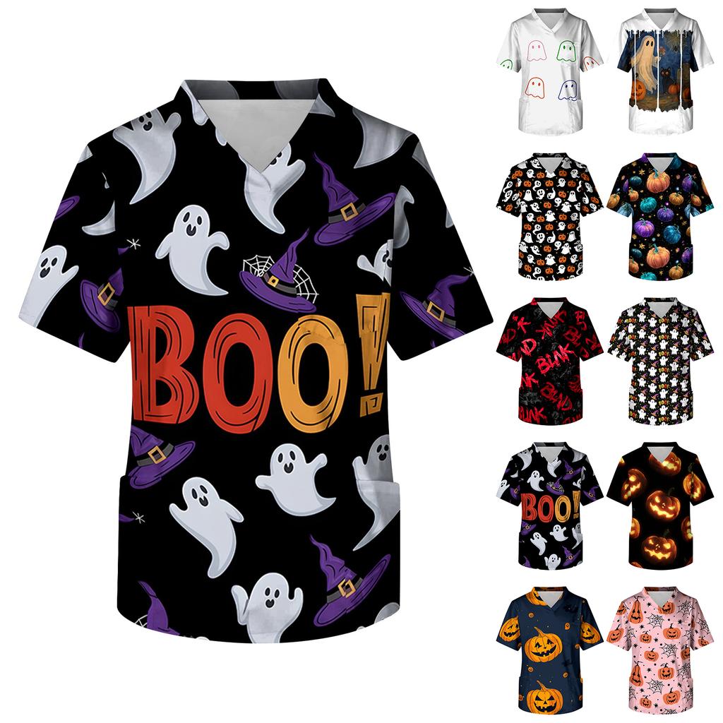 Men's V Neck Halloween Print Medical Scrub Top with Chest Pocket Short Sleeve Comfortable Fit Lightweight Fabric
