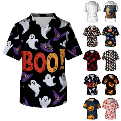 Men's V Neck Halloween Print Medical Scrub Top with Chest Pocket Short Sleeve Comfortable Fit Lightweight Fabric