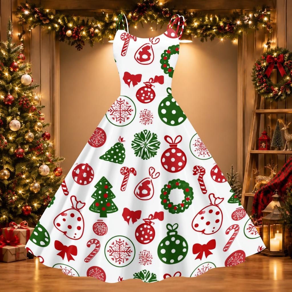 Damen Weihnachtsdruck Off-Shoulder Vintage Kleid