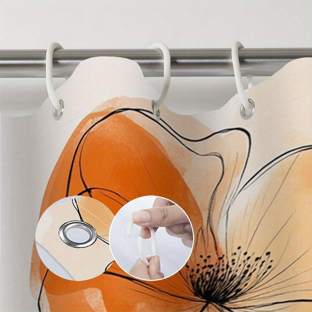 1Pc Minimalist Floral & Abstract Branches Shower Curtain - Warm Tones, 70X70", Polyester, 12 Hooks, Modern Design