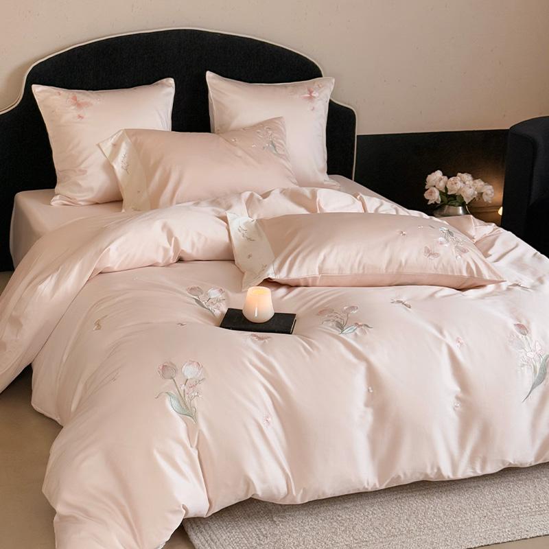 Light Luxury High Count Cotton Simple Floral Embroidery Four Piece Set - Enjoy Yourself Like a Flower