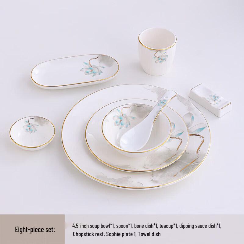 New Chinese Style Ceramic Dinnerware Set with Gold Lotus Trim