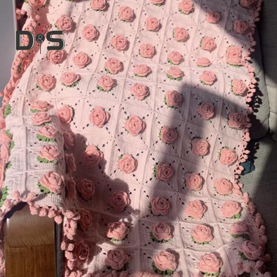 DIY Crochet Rose Flower Blanket Kit Handmade Yarn Knitting Floral Throw Blanket Mother's Day Valentine’s Day Birthday Women Beginner Gift