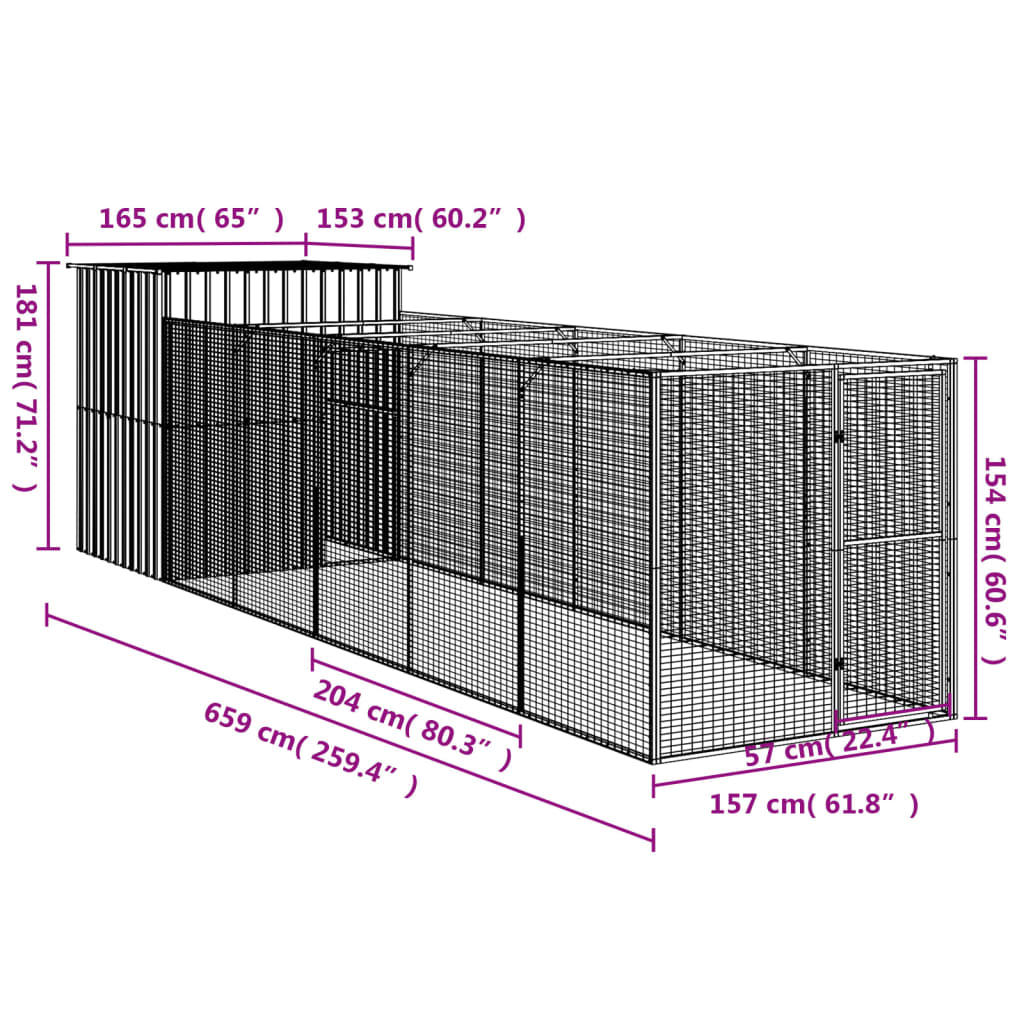 Dog House with Run Light Gray 165 x 659 x 181 cm Galvanized Steel