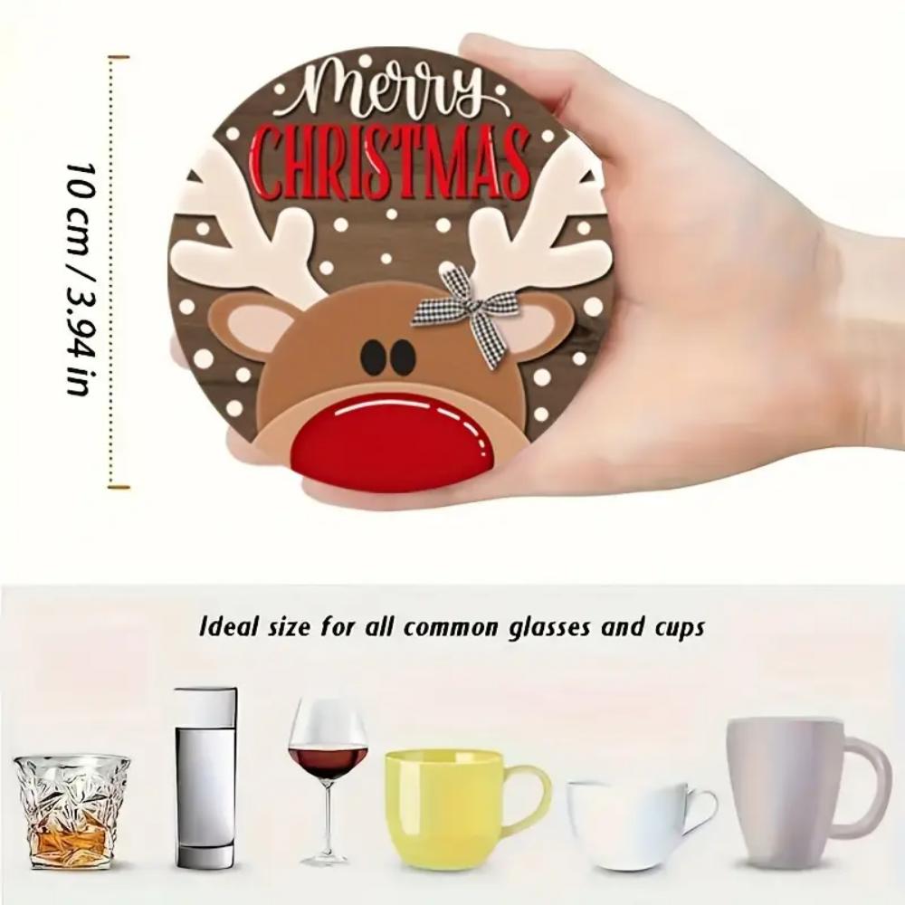 A Charming 6-piece Set of Wooden Christmas Coasters, Suitable for Round Design, Heat-resistant and Anti-slip - Ideal for Home De