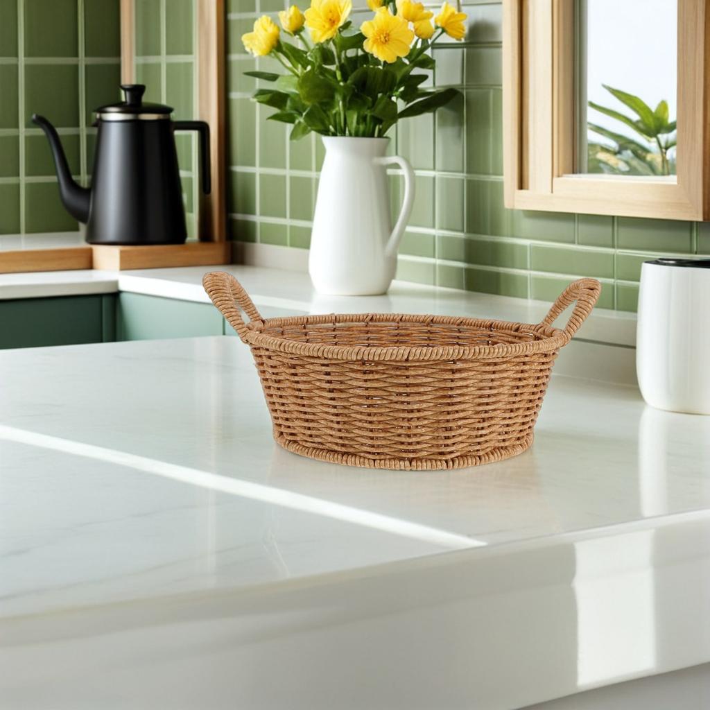 Portable Imitation Rattan Handwoven Round Basket with Handles Multipurpose Storage Organizer for Kitchen Living Room Bathroom