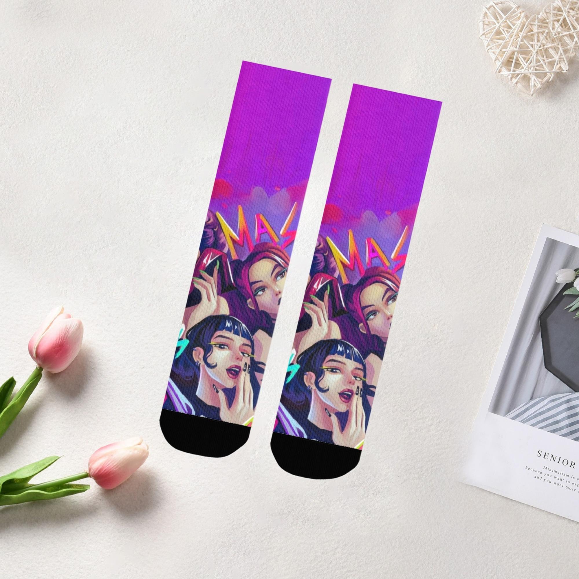 

Cyberpunk K-Pop Evil Girl Group Character Men Crew Socks Neon Purple Color K-POP Style Print Socks for Trendy Casual Wear One Size