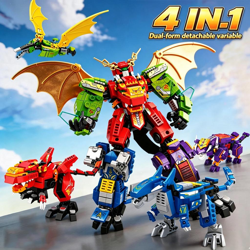4W1 Mecha Klocki Konstrukcyjne Dinozaur Mecha Transformujący się Robot Zwierzę Klocki Konstrukcyjne Prezent Urodzinowy dla Chłopca Zabawka dla Dzieci Prezent Świąteczny