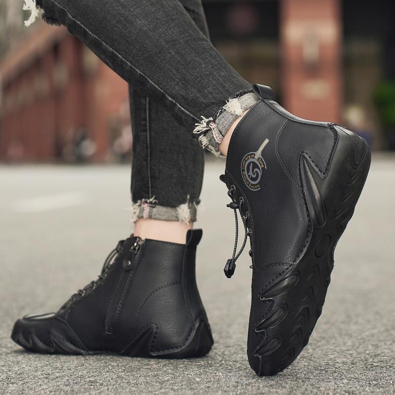 New Men's Quality Leather Ankle Boots Men Sneakers Outdoor Lace-Up Casual Shoes Fashion Winter Plus Velvet Casual Driving Boots
