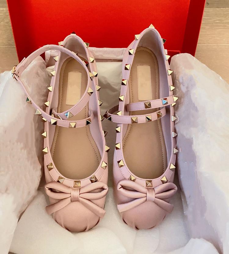 Fashion NEW French Style Rivets Bandage Round Toe Women's Bow Silk Satin Ballet Flat Spring/Autumn Flats Bow Princess Girls Women Shoes