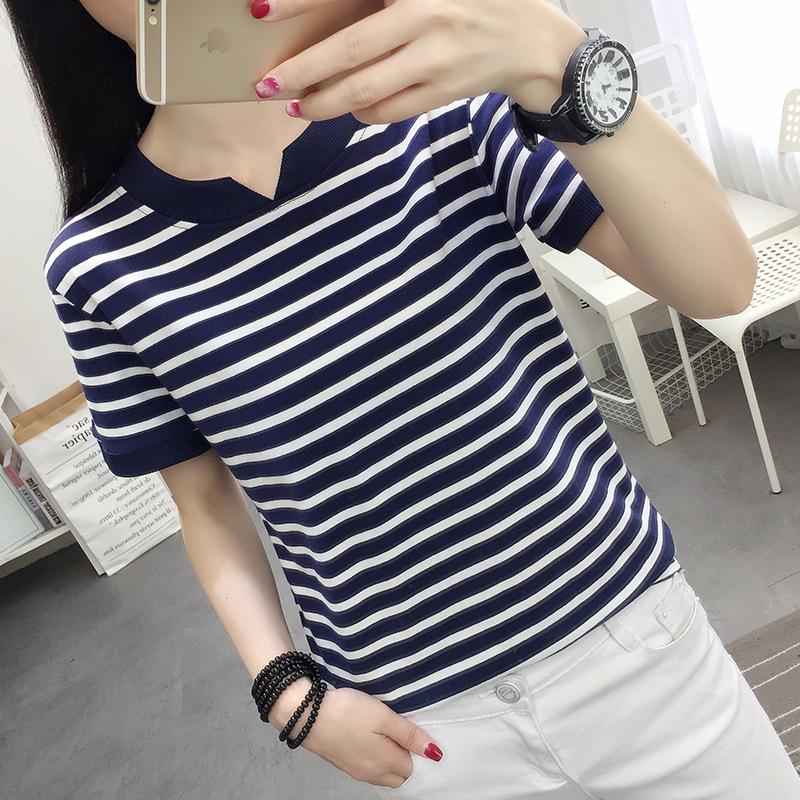 Womens Striped Short Sleeve V Neck Casual T Shirt M синий