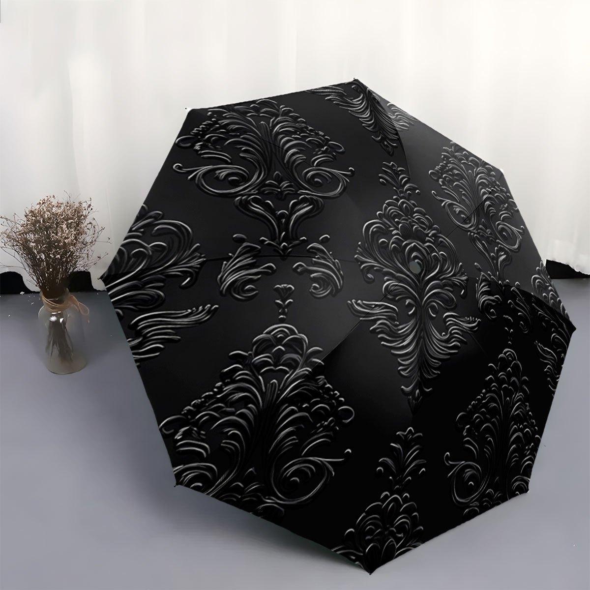 

Automatic Open/Close Folding Umbrella with Elegant Black Damask Floral Pattern - Compact Travel Umbrella, Sturdy 8-Rib Shaft, (as the picture,Iron&8K)