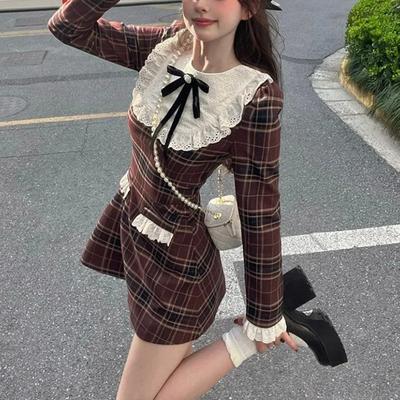 Koreaanse preppy stijl mini geruite jurk vrouwen vintage een stuk jurken y2k jk uniform lange mouw tuniek prinses vestidos
