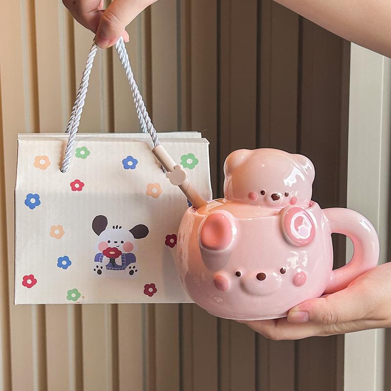 Cream Bear Cup Girls High-value Ceramic Mug with Lid Household Drinking Cup Birthday Gift Souvenir