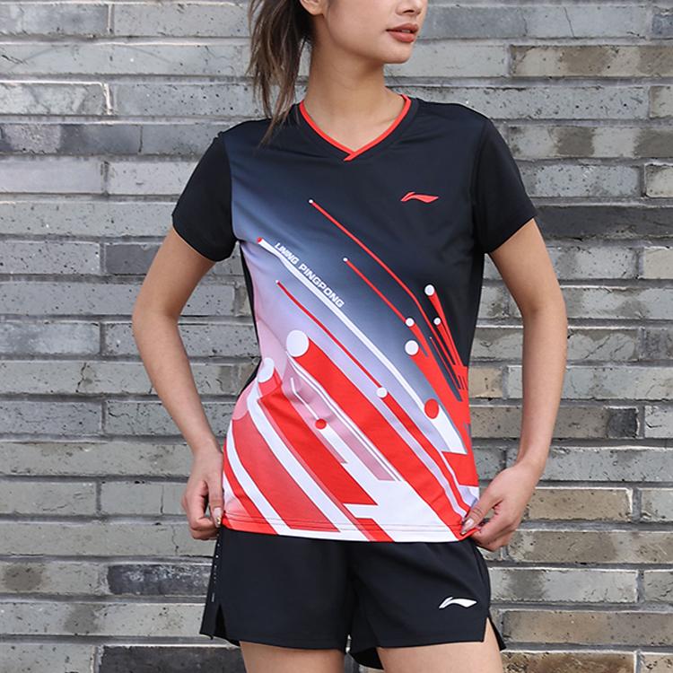 Li-Ning Série Ping Pong Casual Esportivo Secagem Rápida Manga Curta Camiseta Feminina Tops Preto AAYS018-1