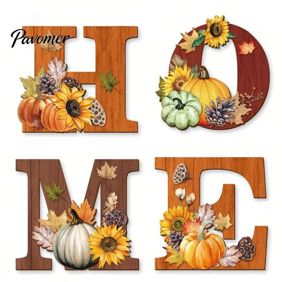 Pumpkin Sunflower Decor 4PCS Wooden HOME Sign, with Wood Grain Texture Wall Decor, Split Fall Season Home Accents Letter Design, Rustic Style Hanging
