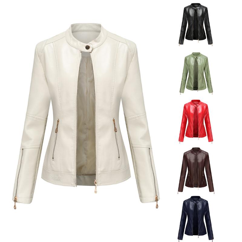 Fashion Women's Leather Jacket PU Leather Short Coat Stand Collar Jacket Women's Spring and Autumn Thin Leather Jacket