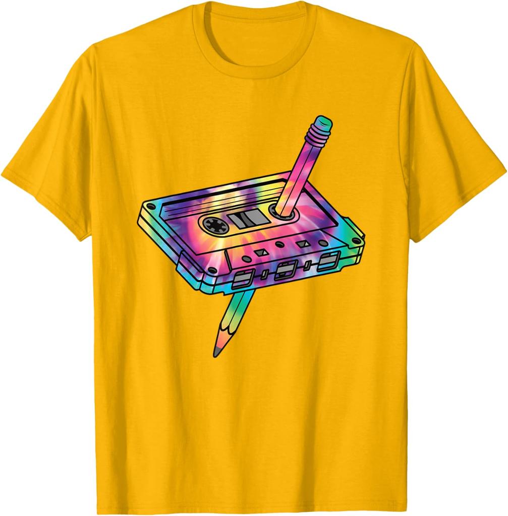 Retro Cassette Tape Tie Dye Graphic Tee 80s 90s Music Lover Casual Cotton T-Shirt
