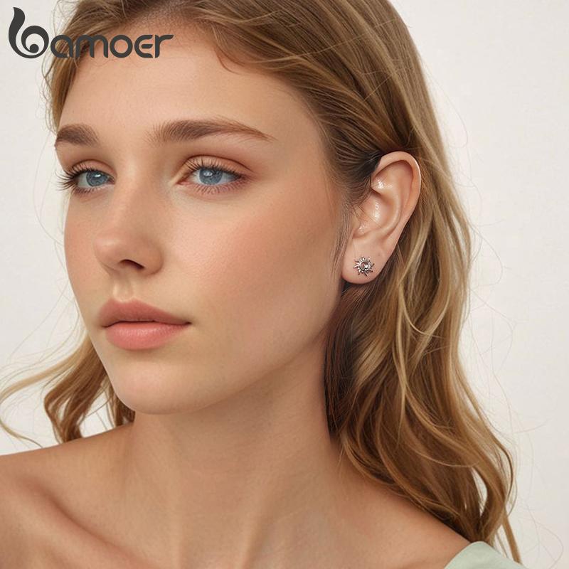 Bamoer Solid 925 Sterling Silver Chic Sun Stud Earrings Dainty Casual Earrings for Women Hypoallergenic Jewelry