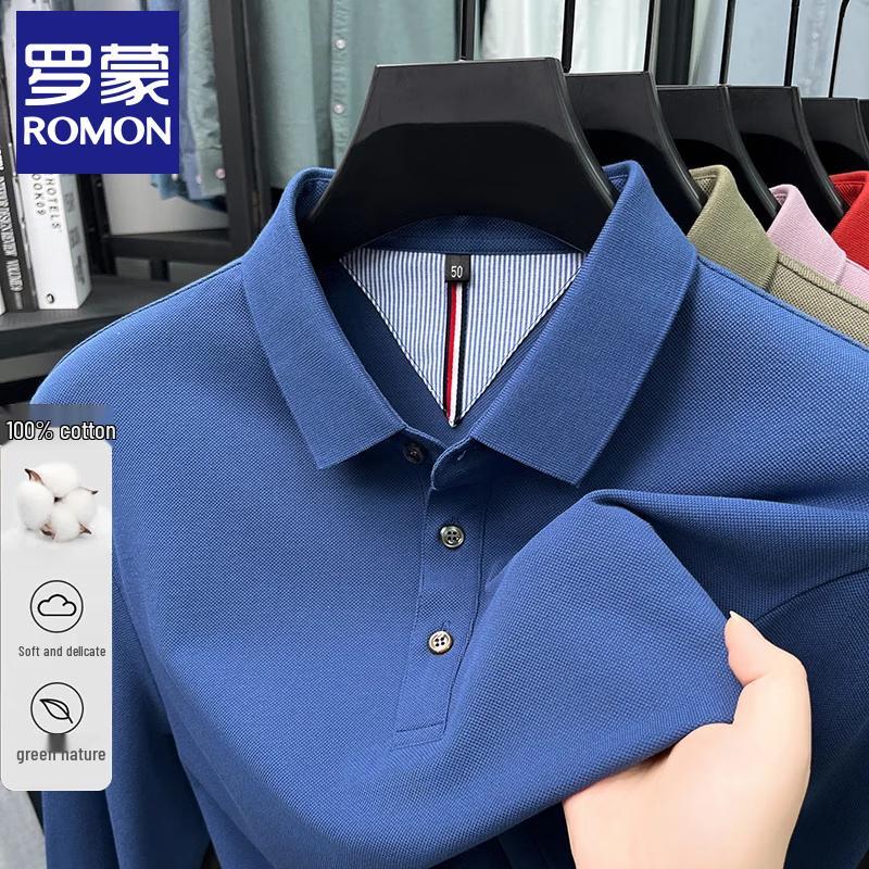 Romon Men's Pure Cotton Business Casual Long-Sleeve Polo Shirt