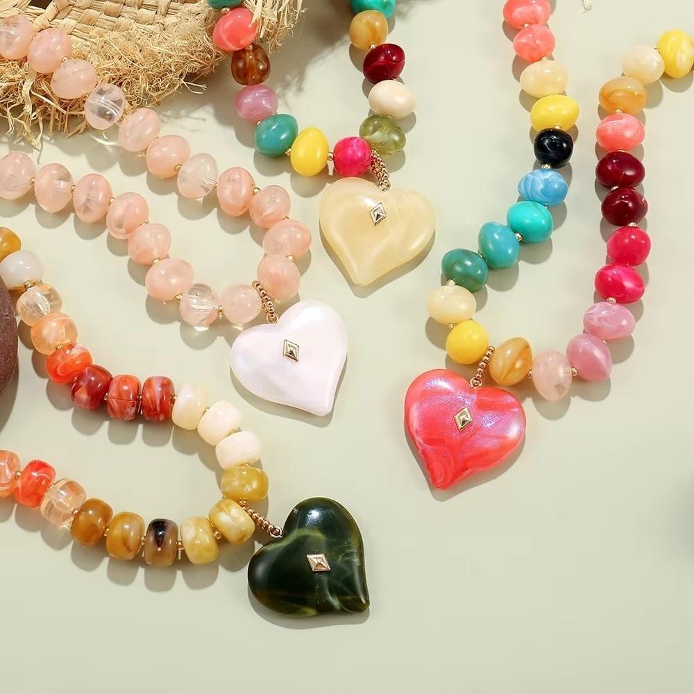 Colorful Beads Chunky Beads Necklace Heart-shaped Collarbone Chain Pendant Necklace Jewelry Gifts