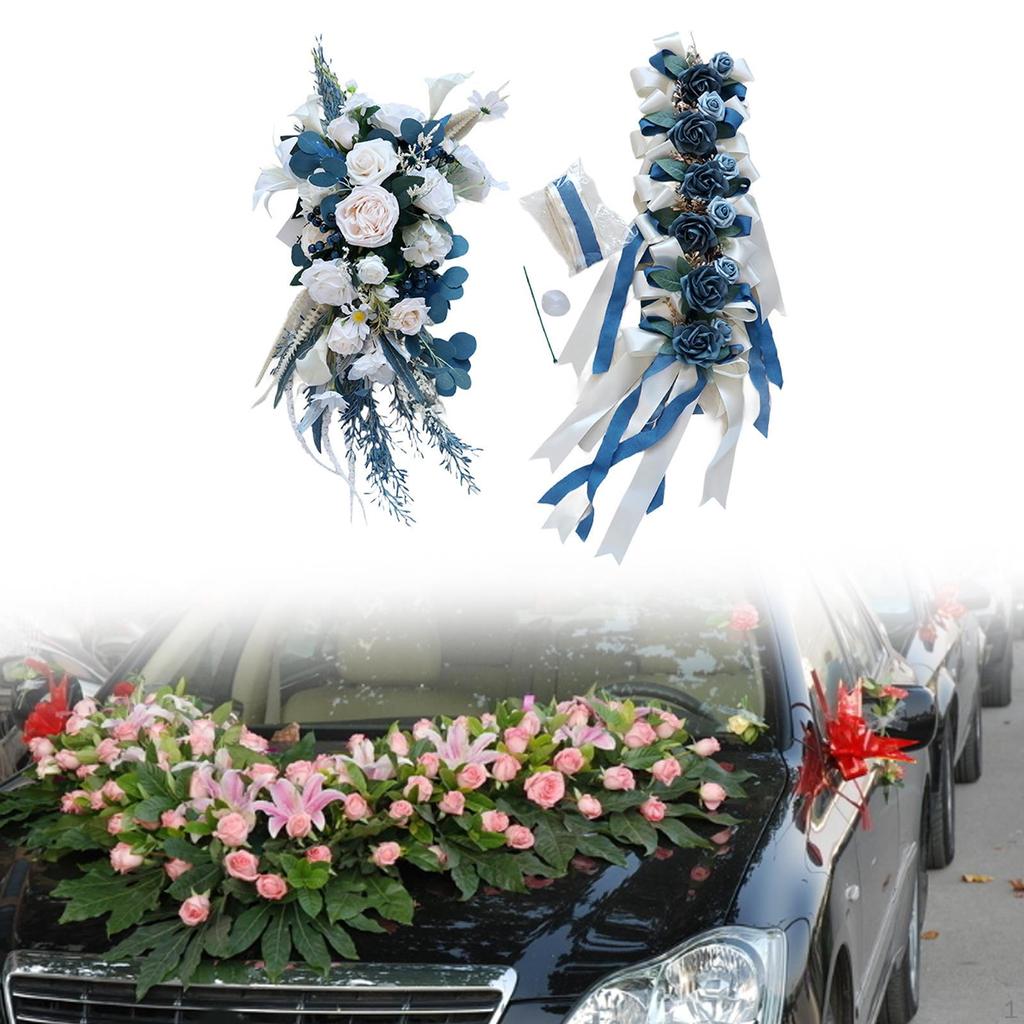 Wedding Car Decoration Set and Bows Bouquet DIY Simulation Flowers Ribbons for