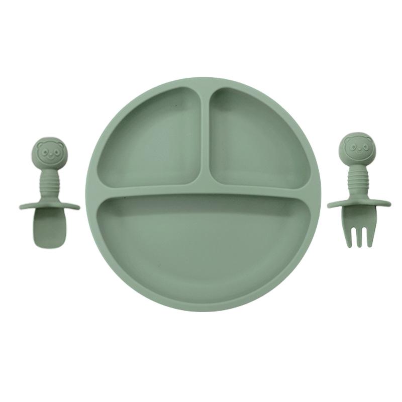 Children's Silicone Divided Plate & Cartoon Bear Spoon Fork Set - Drop-Proof Infant Feeding Tableware